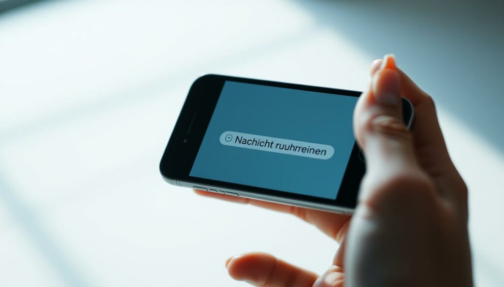 A sleek, modern iPhone with a clean, minimalist interface. The screen displays the "Nachrichten" app, focused on the "Nachricht zurückrufen" option. The interface is crisp and clear, with a soothing blue-gray color scheme. The phone is held in a well-lit, slightly angled position, casting soft shadows to accentuate the depth and form. The background is blurred, keeping the focus on the phone and the specific feature being highlighted. The overall mood is one of simplicity, functionality, and ease of use - reflecting the intuitive nature of the "Nachricht zurückrufen" feature on the iOS platform.