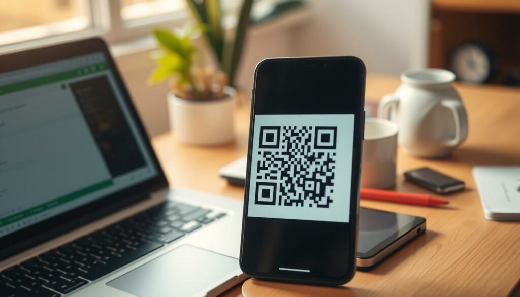 A smartphone screen displaying a QR code against a blurred background of a laptop, tablet, and other office supplies. The QR code is the focal point, prominently featured and rendered in high detail. The scene is bathed in warm, natural lighting, creating a sense of ease and approachability. The overall mood is one of efficiency and productivity, setting the stage for the task of setting up WhatsApp Web. The composition emphasizes the simplicity and convenience of the QR code scanning process, inviting the viewer to engage with the content.