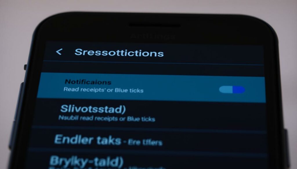 A smartphone screen displaying the Android settings menu, with the "Notifications" section highlighted. The user is navigating to the "Blocked" option to disable "Read receipts" or "Blue ticks" on the device. The screen is well-lit, showcasing the clean, minimalist design of the Android interface. The overall mood is focused and intentional, reflecting the user's desire to customize their messaging privacy settings. The camera angle is slightly angled, providing a natural, eye-level perspective that draws the viewer into the scene.