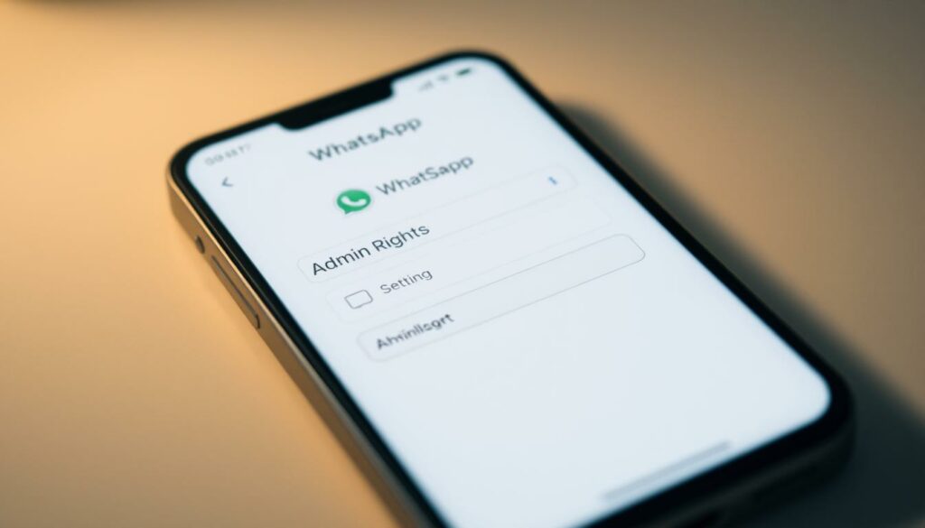 A smartphone screen displaying the WhatsApp settings interface, with the "Admin Rights" option highlighted. The screen is illuminated by a soft, warm light, creating a clean, minimalist atmosphere. The layout is well-organized, with clear icons and intuitive navigation, reflecting the user-friendly design of the WhatsApp platform. The overall scene conveys a sense of control and customization, aligning with the article's focus on managing the WhatsApp administrator status on a mobile device.