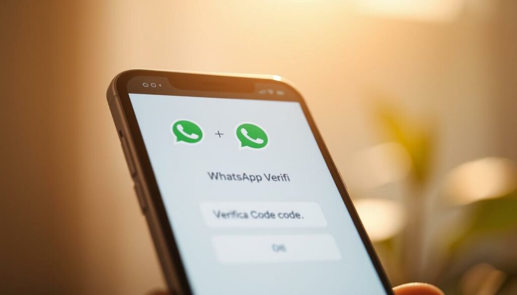 A smartphone screen displaying the WhatsApp verification process. In the foreground, a close-up view of the phone's screen shows the WhatsApp logo and a verification code entry field. The background is blurred, creating a soft, focused visual. The lighting is warm and natural, creating a sense of ease and familiarity. The camera angle is slightly elevated, giving the viewer a sense of observing the process from an optimal perspective. The overall atmosphere conveys the reliable and secure nature of the WhatsApp verification procedure.