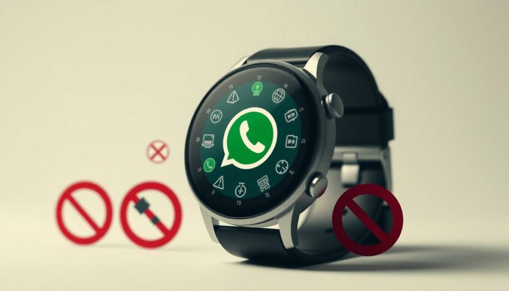A smartwatch display showcasing the limitations of WhatsApp functionality on the device. The foreground features the watch face with a WhatsApp icon prominently displayed, surrounded by a series of restriction symbols such as warning signs and blocked icons, indicating the various constraints users may face when using the messaging app on a smartwatch. The middle ground depicts the watch casing in a sleek, modern design, reflecting the high-tech nature of the device. The background is a minimalist, neutral-toned setting, allowing the smartwatch and its limitations to take center stage. The lighting is soft and diffused, creating a sense of clarity and focus on the key elements. The overall mood is one of technological limitation, with a slight hint of frustration at the restricted capabilities of WhatsApp on a smartwatch platform.