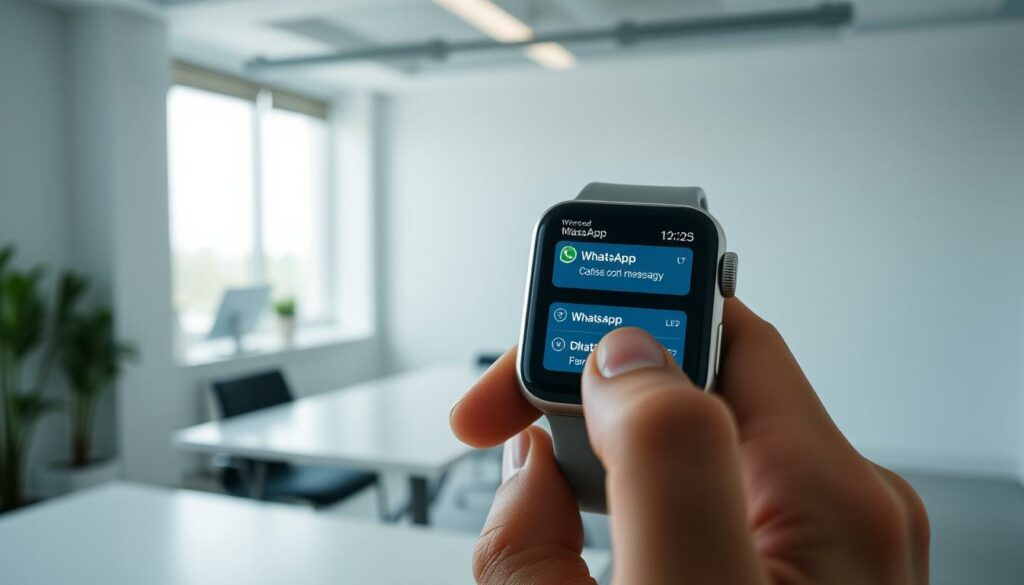 A smartwatch display showing WhatsApp message notifications, with the user's hand holding the watch and tapping on the screen to respond to the messages. The scene is set in a minimalist, modern office environment with clean lines and neutral colors. Soft, diffused lighting creates a calm, focused atmosphere. The camera angle is slightly angled to showcase the interaction between the user and the smartwatch interface. The image conveys the seamless integration of WhatsApp messaging on the Apple Watch, allowing the user to stay connected and responsive while on the go.
