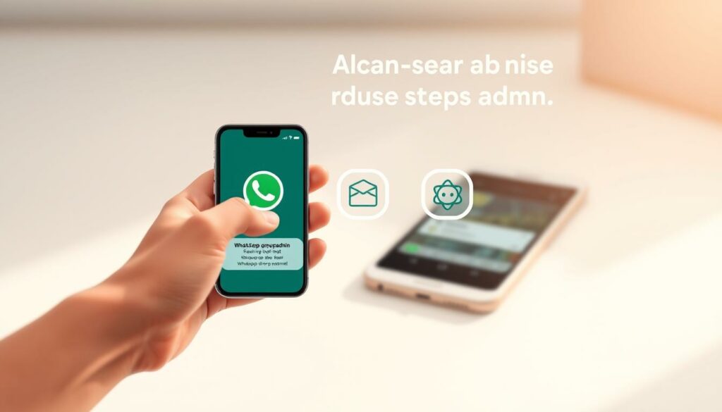 A step-by-step guide to becoming a WhatsApp group admin, depicted in a clean, minimalist illustration. In the foreground, a hand holds a smartphone displaying the WhatsApp interface, gesturing towards three distinct steps represented by simple icons. The middle ground features a serene, blurred background of a mobile device and messaging app, suggesting the familiar context. The overall lighting is soft and natural, with a warm, inviting tone that conveys the ease and approachability of the process. The composition is balanced, with the key elements strategically placed to guide the viewer's attention towards the core steps of achieving group admin status.