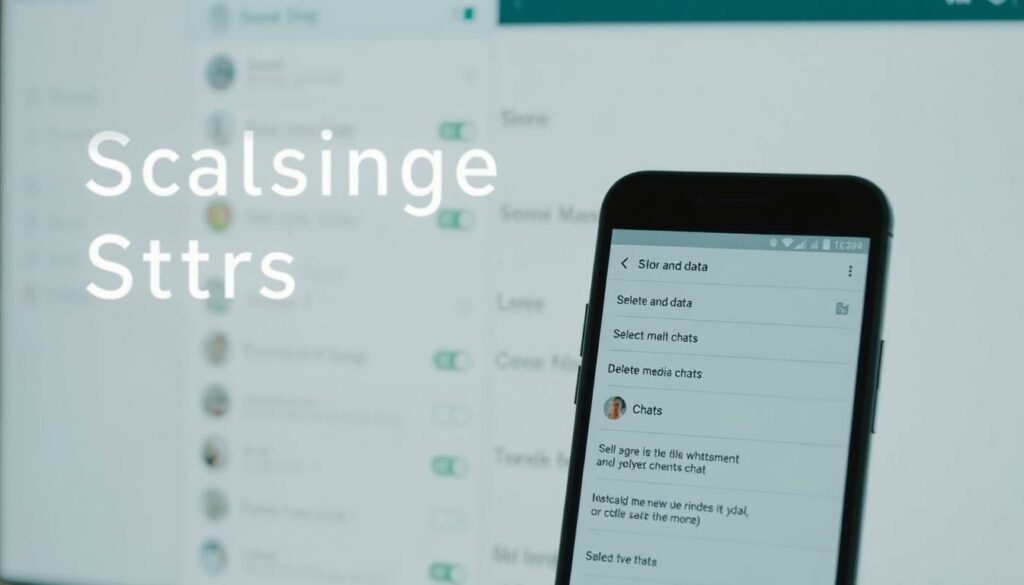 A step-by-step guide to managing WhatsApp storage, showcasing the process of deleting media from selected chats. A clean, minimalist interface with muted tones and soft lighting, highlighting the intuitive WhatsApp settings menu. In the foreground, a smartphone screen displays the "Storage and data" section, with options to select specific chats and delete their media files. The background features a blurred, out-of-focus view of the WhatsApp conversation list, emphasizing the focus on the storage management task. The overall mood is one of efficiency and simplicity, guiding the user through the task of freeing up valuable storage space on their device.