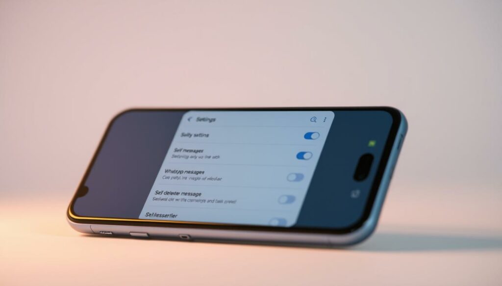 A step-by-step guide to setting up self-deleting WhatsApp messages. A crisp, clean user interface with intuitive settings menus and toggles. The screen is bathed in a soft, warm light, creating a serene, minimalist atmosphere. The phone is angled slightly, revealing the clean lines and sleek design. The focus is on the settings screen, with the key options clearly visible. The background is blurred, keeping the attention on the task at hand. The overall mood is one of simplicity, efficiency, and modern digital convenience.