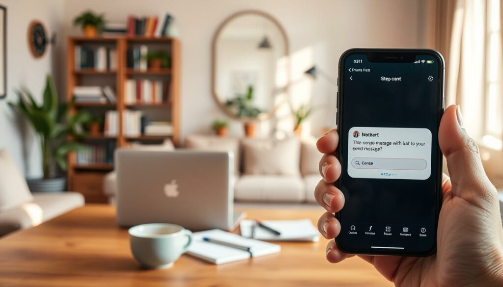 A step-by-step tutorial on correcting messages, set against a warm, inviting backdrop. In the foreground, a smartphone display shows the process of editing a sent message, with intuitive UI elements and a clean, minimalist aesthetic. The middle ground features a productivity-focused workspace, with a laptop, notepad, and a cup of coffee, all bathed in soft, natural lighting. In the background, a cozy, living room-like setting, with bookshelves, houseplants, and neutral-toned decor, creating a relaxed, homely atmosphere. The overall scene conveys a sense of thoughtful, efficient message correction within a comfortable, productive environment.