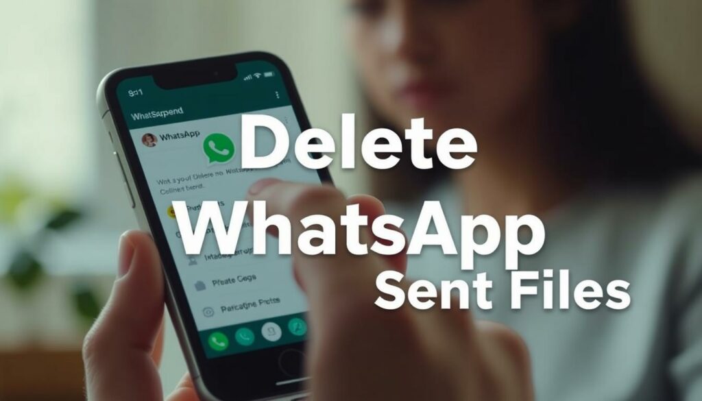 A step-by-step visual guide for deleting WhatsApp sent files. In the foreground, a smartphone screen displays the WhatsApp interface, with menus and options highlighted. The middle ground features a hand gently swiping and tapping the screen, guiding the viewer through the deletion process. The background is softly blurred, creating a sense of focus on the task at hand. The lighting is natural and diffused, lending a calm, instructional atmosphere. The camera angle is slightly elevated, providing a clear, unobstructed view of the smartphone interface. The overall mood is one of simplicity and ease, inviting the viewer to follow along and confidently delete their WhatsApp sent files.