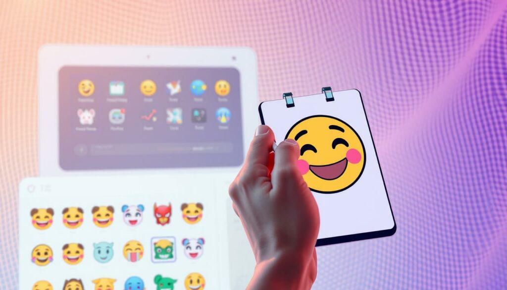 A stylized illustration depicting the process of creating custom emojis. In the foreground, a hand is using a digital illustration tool to draw a unique emoji face with expressive features. The middle ground shows a selection of various emoji icons in vibrant colors and whimsical designs. The background features a soft, gradient mesh in complementary hues, conveying a sense of digital creativity and personalization. The lighting is soft and diffused, creating a warm, inviting atmosphere. The composition is balanced and visually engaging, capturing the essence of customizing individual emojis.