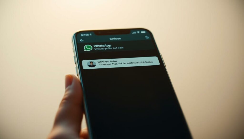 A stylized, visually striking WhatsApp status screen, showcasing an optimized hyperlink. The foreground features a sleek, modern smartphone display with a clean, minimal UI. The screen shows a WhatsApp status post, the link presented elegantly and prominently, drawing the viewer's attention. The background is a soft, blurred gradient, creating depth and emphasizing the focal point. Warm, natural lighting casts a gentle glow, lending a professional, editorial feel. The composition is balanced, utilizing the rule of thirds to create visual harmony. The overall mood is one of sophistication and attention to detail, reflecting the "Tipps und Tricks für einen perfekten Link-Status" theme.