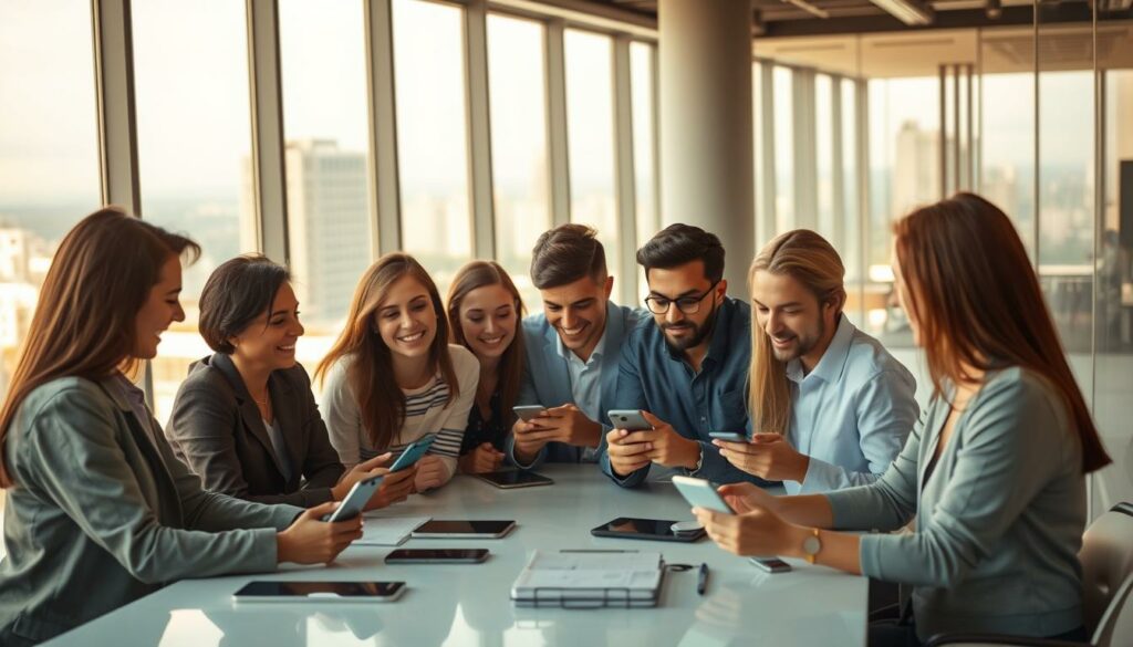 A team of diverse professionals collaborating productively using WhatsApp Business. In the foreground, a group of colleagues gathered around a table, their expressions animated as they share ideas and coordinate tasks on their smartphones. The middle ground features a sleek, modern office space with floor-to-ceiling windows, allowing natural light to pour in and create a dynamic, energetic atmosphere. In the background, a soft, blurred cityscape provides a scenic urban backdrop, suggesting the bustling, connected nature of modern business. The lighting is warm and balanced, and the camera captures the scene from a slightly elevated angle, conveying a sense of cohesion and unity among the team.