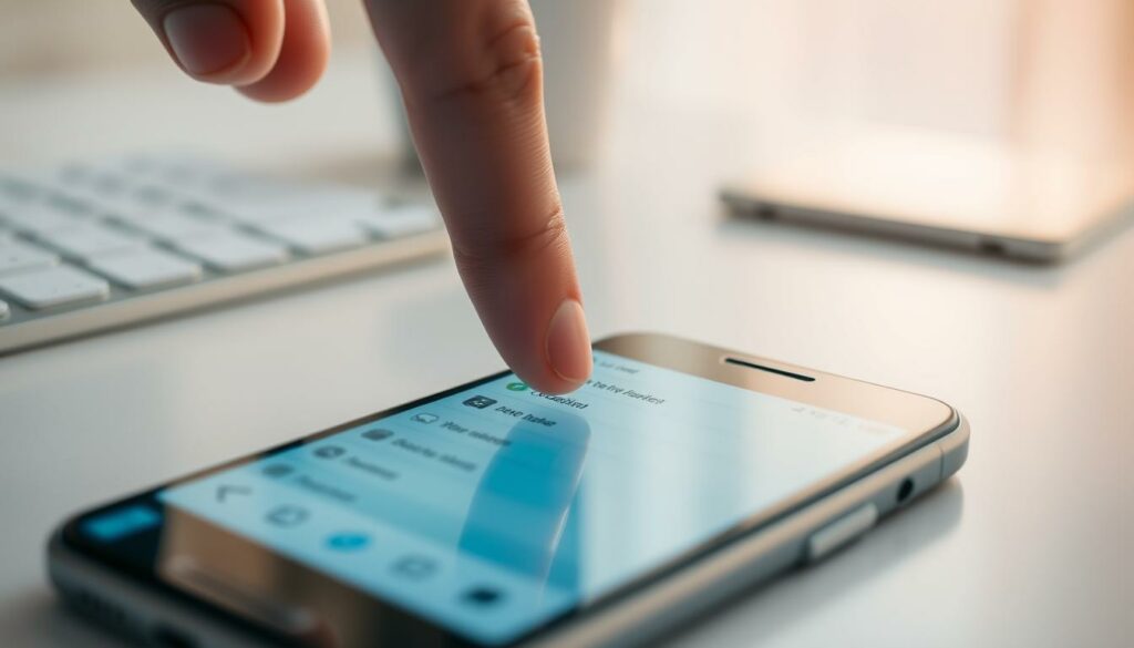 A tranquil smartphone screen rests on a clean, minimalist desk, the soft light from a nearby window casting a gentle glow. In the foreground, a user's finger delicately pins a specific message, elevating it above the surrounding conversation threads. The screen's UI elements are crisp and intuitive, subtly guiding the viewer's eye to the pinned content. The overall scene conveys a sense of focused productivity and organization, with the pinned message standing out as a prioritized piece of information. A seamless blend of hardware, software, and human interaction, the image embodies the effortless capability to organize one's digital communications.