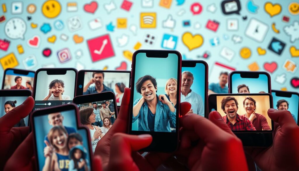 A vibrant and comedic collage showcasing a selection of the most viral and hilarious comedy clips from 2023. In the foreground, a dynamic arrangement of smartphone screens and video thumbnails, each displaying a different comedic moment captured with high-definition clarity. The middle ground features a stylized background of social media icons, hashtags, and sharing buttons, creating a digital, interconnected atmosphere. The lighting is bright and playful, with a touch of cinematic flair, highlighting the energetic and amusing nature of the content. The overall composition exudes a sense of lightheartedness and entertainment, inviting the viewer to immerse themselves in the top comedy recommendations of the year.