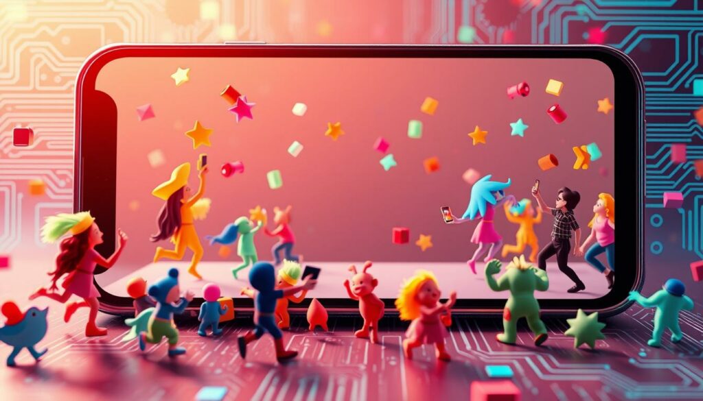 A vibrant and dynamic scene of animated GIFs seamlessly integrated into a modern mobile app interface. The foreground features a collection of playful, colorful GIFs dancing and interacting with each other, showcasing the versatility and expressive nature of the format. The middle ground depicts a sleek, minimalist app UI with clean lines and soft, muted tones, providing a perfect canvas for the GIFs to come alive. The background subtly suggests a sense of technological progress, with subtle hints of circuit boards, data streams, and digital patterns, hinting at the underlying infrastructure that powers this engaging user experience. The overall mood is one of playfulness, creativity, and the effortless blending of digital media within a modern, intuitive application.