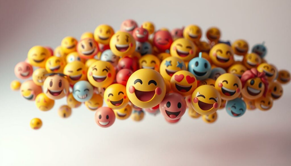 A vibrant and playful arrangement of colorful emoji reactions floating against a soft, blurred background. The emojis are rendered in a three-dimensional, almost tactile style, with realistic lighting and shadows. The foreground features a diverse set of emojis in various sizes and positions, creating a dynamic and engaging composition. The middle ground showcases a few larger, more prominent emojis, acting as the focal points. The background is a subtle gradient, adding depth and a sense of atmosphere. The overall mood is cheerful, inviting, and visually captivating, perfectly capturing the spirit of "Emoji-Reaktionen Tipps".