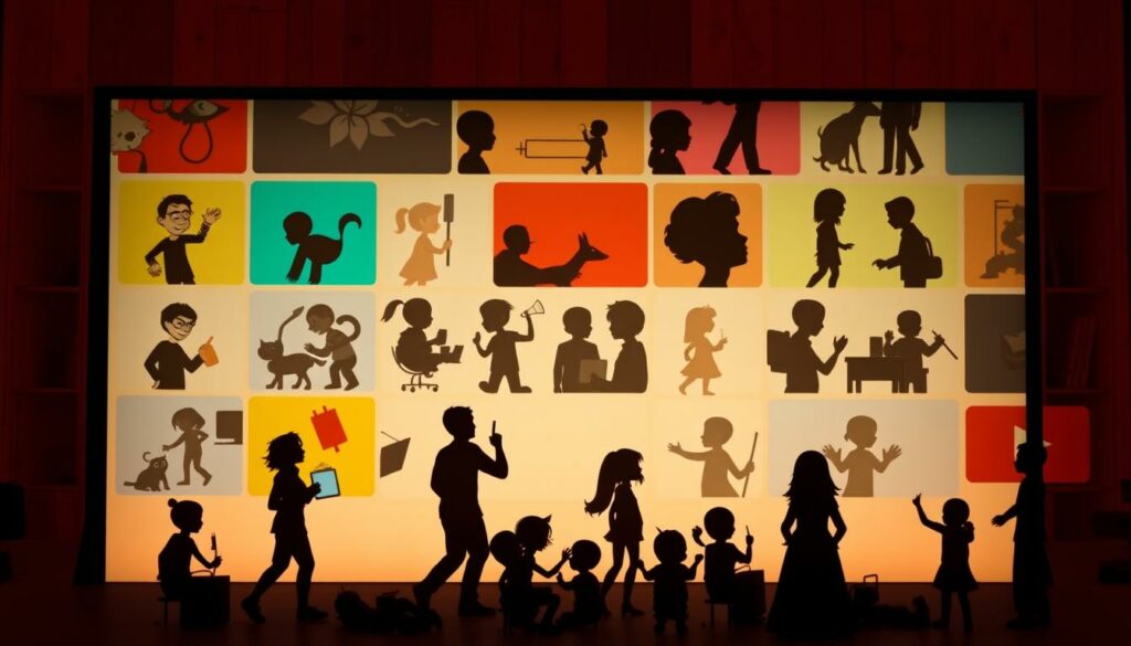 A vibrant collage of popular humorous video categories, showcased against a warm and inviting backdrop. In the foreground, dynamic icons representing diverse genres such as slapstick comedy, viral challenges, animal antics, and relatable skits. The middle ground features a lively arrangement of silhouetted characters engaged in comical scenarios, framed by a soft, diffused lighting. The background evokes a sense of playfulness, with a subtle gradient or textured pattern that complements the overall mood. The composition strikes a balance between visual interest and a clean, uncluttered layout, inviting the viewer to explore the wide range of humorous video content available.
