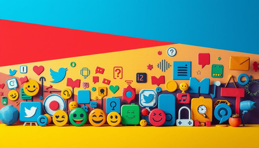 A vibrant, creative composition featuring an array of colorful symbols and icons representing modern digital communication. In the foreground, a dynamic arrangement of emoji, social media logos, and glyphs, rendered with a playful, hand-drawn aesthetic. The middle ground showcases a mix of abstract geometric shapes, patterns, and textural elements, creating a visually engaging and harmonious backdrop. The background is filled with a subtle, gradient-based lighting effect, casting a warm, inviting glow and lending a sense of depth and dimension to the overall scene. The composition is balanced, with a careful consideration of color, contrast, and visual rhythm, evoking a mood of creativity, expression, and the versatile, ever-evolving nature of digital communication.