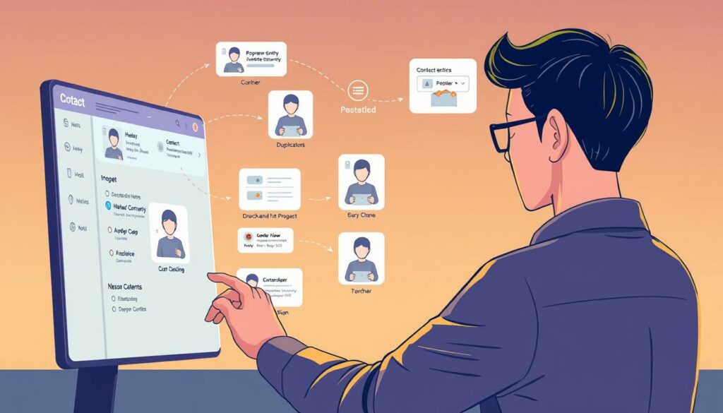 A vibrant, detailed illustration depicting the process of resolving issues encountered when adding contacts. In the foreground, an individual interacts with a sleek, modern digital interface, navigating the contact addition workflow. The middle ground showcases a variety of common contact-related problems, such as duplicate entries, incorrect information, and sync issues, all represented through intuitive, illustrative elements. The background features a warm, muted color palette, creating a sense of calm and focus. Carefully crafted lighting and camera angles emphasize the problem-solving nature of the scene, guiding the viewer's attention to the core challenges and their resolutions. The overall mood is one of efficiency, clarity, and a solutions-oriented approach to contact management.