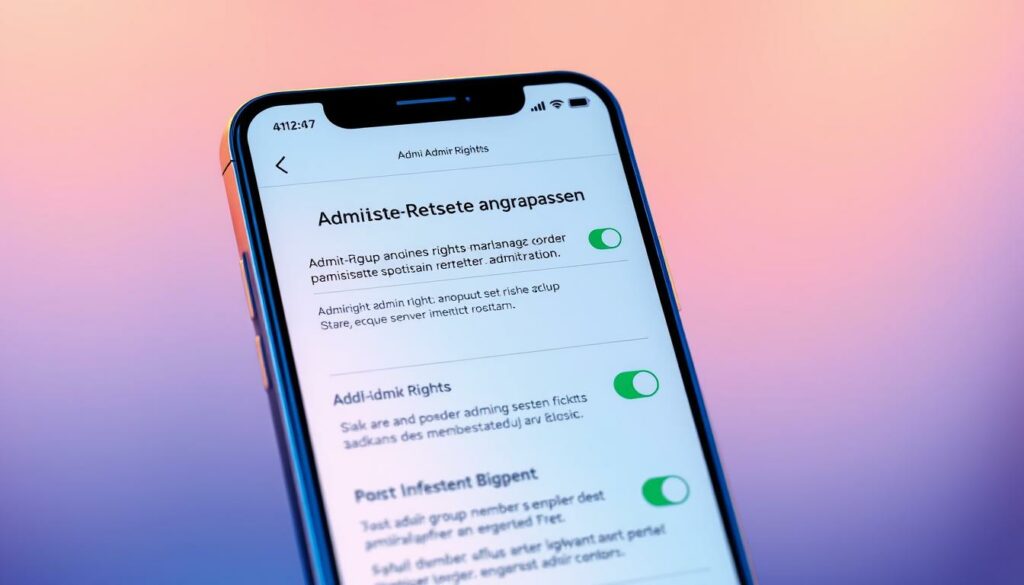 A vibrant, detailed illustration of a smartphone screen showing the "Admin-Rechte anpassen" (Adjust Admin Rights) interface. The screen is rendered with a clean, minimalist aesthetic, allowing the core functionality to take center stage. The foreground features clearly labeled controls and settings for managing group members' administrative permissions, with intuitive icons and user-friendly layouts. The middle ground showcases the group chat itself, with the app's signature messaging bubbles and UI elements. The background is a softly blurred, slightly warm-toned depiction of a mobile device, giving the image a sense of context and grounding. The overall mood is one of professionalism, efficiency, and empowerment, reflecting the importance of the admin rights management feature.