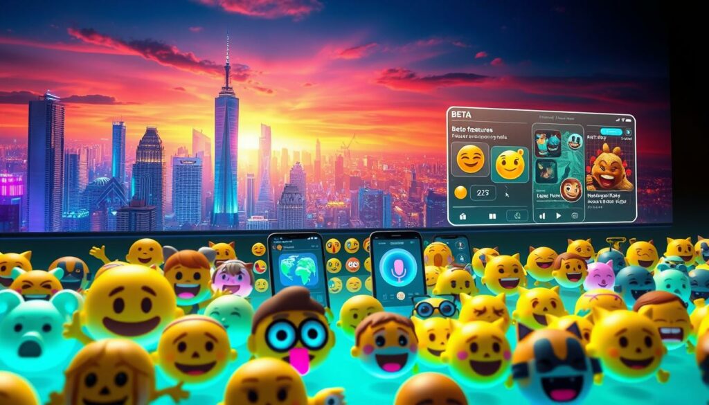 A vibrant digital landscape showcasing a variety of beta-features and future emoji updates. In the foreground, a diverse array of dynamic emoji characters come to life, each expressing a unique emotion or personality. In the middle ground, a series of interactive interfaces and app screens demonstrate the latest beta-features, ranging from augmented reality integrations to voice control capabilities. The background depicts a futuristic cityscape, with towering skyscrapers and neon-infused skylines, hinting at the technological advancements that will shape the evolving digital landscape. The scene is bathed in a warm, vibrant glow, creating a sense of excitement and anticipation for the cutting-edge innovations to come.