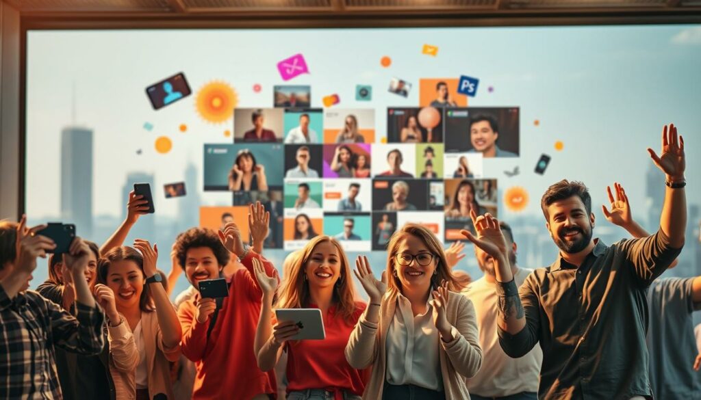 A vibrant, dynamic scene of creative video ideas for online chats. The foreground features a group of diverse characters, each gesturing enthusiastically and holding a variety of digital devices - smartphones, tablets, cameras. The middle ground shows a lively collage of video thumbnails, graphics, and abstract shapes, conveying a sense of energetic video production. The background is a soft, blurred cityscape, hinting at the global reach and connectivity of online communication. The lighting is warm and inviting, with a touch of whimsy and playfulness. The overall composition evokes a spirit of imagination, collaboration, and the endless possibilities of video-based social interaction.