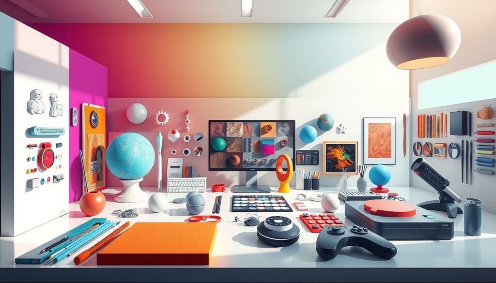 A vibrant, highly detailed illustration of a diverse set of advanced creative tools and features, depicting an array of 3D modeling tools, digital painting brushes, texture manipulation options, and innovative compositing capabilities. The scene is set in a sleek, minimalist workspace with crisp lighting and a clean, modern aesthetic. The tools are presented in an organized, easy-to-navigate layout, inviting the user to explore and experiment. The overall mood is one of power, precision, and boundless creative potential, perfectly capturing the "Erweiterte Funktionen und Möglichkeiten" (Advanced Features and Possibilities) theme of the article.