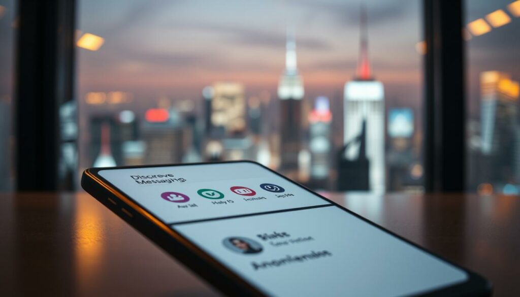 A vibrant mobile application interface showcasing discreet messaging options. In the foreground, a sleek smartphone screen displays a minimalist UI with soft grey tones and clean lines. The central focus is a collection of app icons, each representing a different anonymous messaging solution. The middle ground features a blurred backdrop of a bustling city skyline, hinting at the need for privacy and discretion in today's digital landscape. Warm, diffused lighting casts a gentle glow across the scene, conveying a sense of security and confidentiality. The overall atmosphere exudes a balance of modernity, functionality, and the importance of maintaining online anonymity.