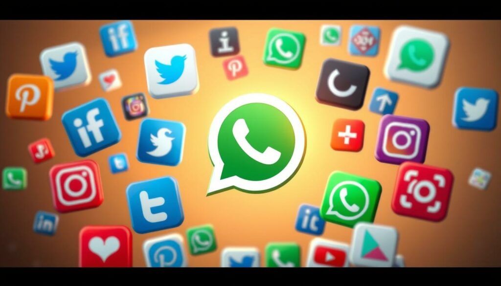 A vibrant, modern WhatsApp icon surrounded by various social media and messaging app logos, all arranged in a dynamic, eye-catching composition. The WhatsApp icon is the focal point, rendered in a sleek, minimalist style with a soft, glowing light emanating from within. The background features a subtle gradient of warm, earthy tones, creating a professional, business-oriented atmosphere. The overall scene conveys the power and versatility of WhatsApp as a marketing tool for self-employed individuals, balancing simplicity and sophistication.