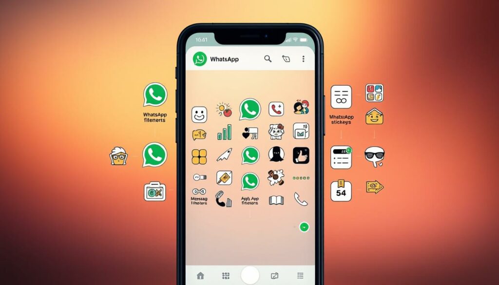 A vibrant, user-friendly mobile interface showcasing a variety of WhatsApp special effects. In the foreground, a smartphone display with a sleek, modern design, highlighting intuitive options for applying creative filters, stickers, and visual augmentations to messages and media. The middle ground features a dynamic array of WhatsApp-themed icons, buttons, and UI elements, seamlessly blending form and function. In the background, a soft, gradient-based backdrop in warm, inviting hues creates a sense of depth and immersion. Lighting is natural, with subtle shadows and highlights accentuating the interface's tactile, high-fidelity appearance. The overall composition conveys a sense of playfulness, accessibility, and the power of customization within the popular messaging app.