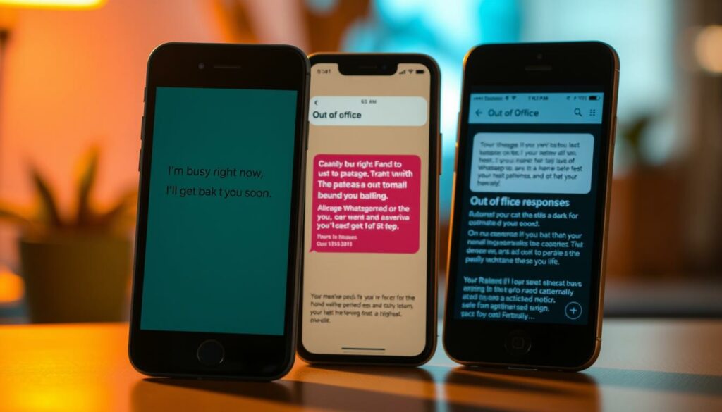 A vibrant, well-lit scene showcasing three distinct examples of automated WhatsApp responses. In the foreground, a smartphone screen displays a simple, friendly "I'm busy right now, I'll get back to you soon" message. In the middle ground, another screen shows a more detailed response, offering a personalized ETA and a polite request for patience. The background features a third smartphone displaying an automated "Out of office" notification, complete with an informative message and contact details. The overall composition conveys the convenience and professionalism of leveraging automated responses to manage communication efficiently.