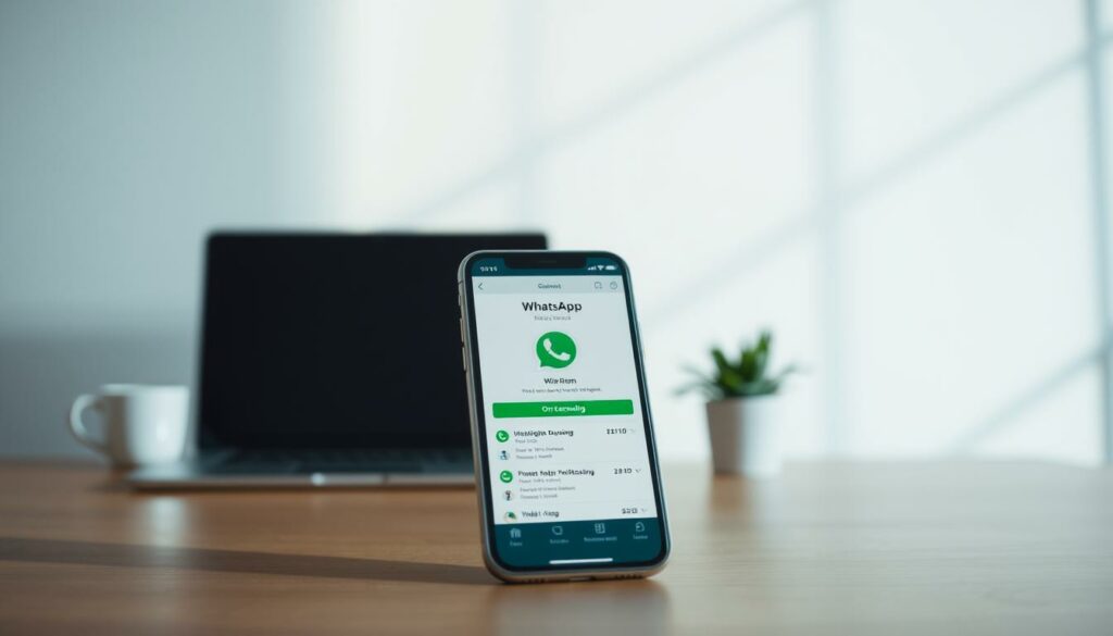 A visually engaging image of the WhatsApp Beta iOS TestFlight onboarding process. In the foreground, a glossy iPhone display showcases the WhatsApp beta app interface, with clean UI elements and intuitive navigation. The middle ground features a blurred background of a modern, minimalist workspace, evoking a professional, yet approachable atmosphere. Soft, directional lighting casts subtle shadows, creating depth and emphasizing the iPhone's sleek design. The overall mood is one of seamless technology integration, conveying the ease and excitement of gaining early access to WhatsApp's latest features through the TestFlight platform.