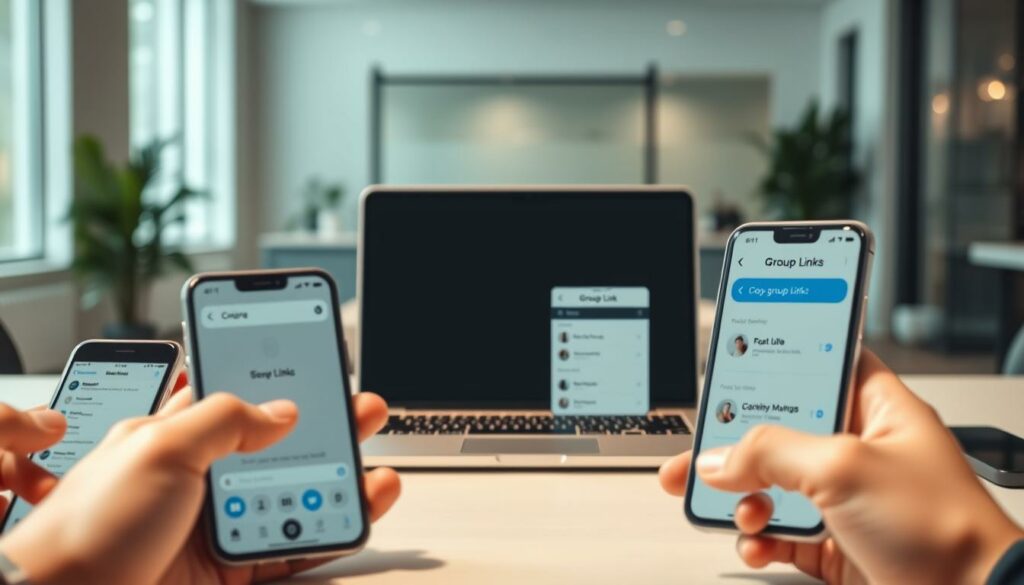 A visually engaging scene showcasing various methods for sharing group links. In the foreground, several smartphones display different messaging and collaboration apps, each with an open share menu. In the middle ground, a sleek laptop prominently features a group link being copied and pasted. The background subtly depicts a modern office environment, with clean lines, muted colors, and natural lighting casting a soft glow. The overall atmosphere is one of efficiency, connectivity, and seamless digital collaboration. Technical details include a medium-wide lens, a shallow depth of field, and balanced, natural lighting to highlight the key elements.