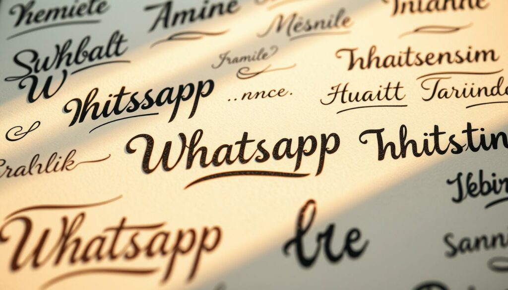 A visually striking image of "individuelle schriftarten" (custom typefaces) for the section "Schriftart in WhatsApp ändern - so geht's" in the article "Schriftarten & -größen ändern – so wird's leserlich.". The composition features a detailed close-up of various handwritten scripts, calligraphic flourishes, and unique typography samples, all illuminated by soft, warm lighting from an angle that casts dramatic shadows. The typefaces are presented against a minimalist, off-white background that allows the intricate details and varied textures of the fonts to shine. The overall mood is one of creativity, craftsmanship, and the beauty of bespoke typography.