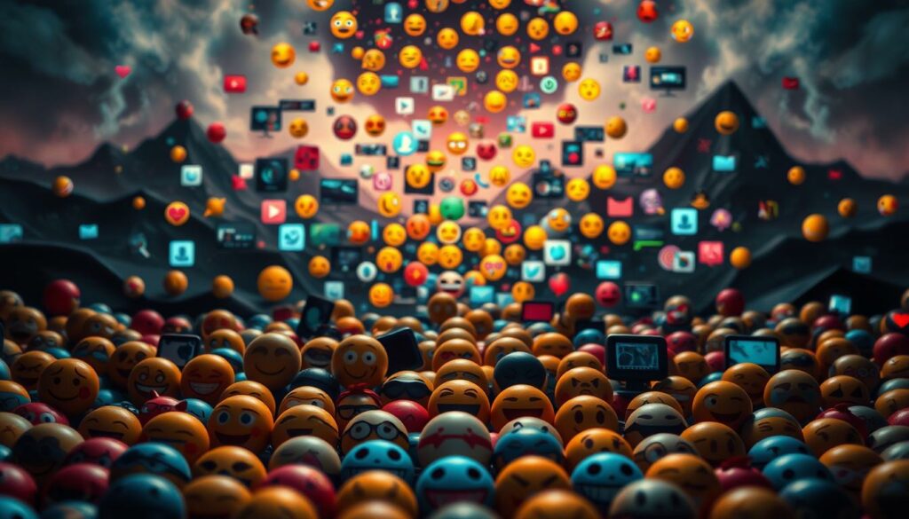 A vivid rendering of the contrasting emoji representations on various platforms. In the foreground, a close-up of a diverse set of emoji icons, showcasing their distinct appearances across different messaging apps and operating systems. The middle ground features a chaotic swirl of digital interfaces, conveying the disjointed nature of cross-platform emoji compatibility. The background is a surreal, glitch-inspired landscape, alluding to the technical challenges and visual distortions that can occur when emojis are not uniformly displayed. Dramatic lighting and a moody, desaturated color palette contribute to an atmosphere of technological discord, perfectly capturing the essence of "Emoji-Darstellungsunterschiede".