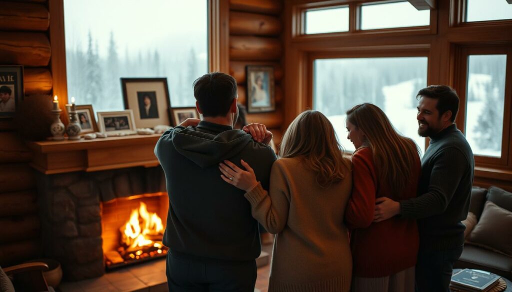 A warm, cozy family gathering in a rustic, wooden interior. In the foreground, a close-knit group of family members embracing, their expressions radiant with joy and love. The middle ground features a fireplace with a mantelpiece adorned with framed family photos, casting a soft, golden glow. In the background, a panoramic window overlooks a snowy, idyllic landscape, creating a serene and peaceful atmosphere. The lighting is soft and natural, highlighting the familial bond and the comforting ambiance of the scene. The overall mood is one of heartwarming nostalgia and the cherished moments shared within a loving household.