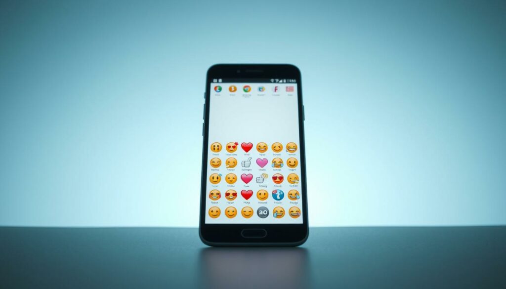 A well-designed emoji display on a sleek, modern smartphone screen. The foreground shows a colorful array of emojis - smiley faces, hearts, thumbs-up, and other common symbols - arranged in a visually appealing, organized manner. The emojis are clean, crisp, and expressive, conveying a sense of positivity and clarity. The middle ground features the phone's user interface, with a minimalist design and elegant typography. The background is a soft, blurred gradient in subtle shades of blue and green, creating a calming, professional atmosphere. Balanced studio lighting from the left side casts a gentle, even illumination across the scene. The overall composition is simple yet impactful, highlighting the proper, effective use of emojis in digital communication.