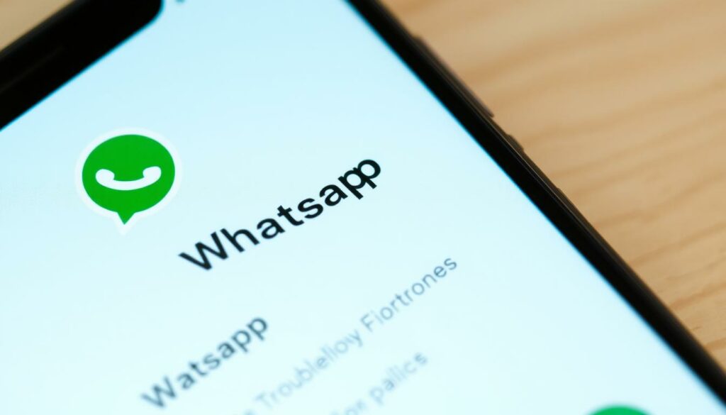 A well-lit and detailed close-up image of a smartphone screen displaying the WhatsApp messaging app, with various troubleshooting options and icons prominently featured. The screen should have a clean, minimalist design with a soothing, pastel color palette. The background should be slightly blurred, creating a sense of depth and focus on the screen. The overall mood should be one of problem-solving and efficiency, conveying the idea of finding solutions to common WhatsApp issues.