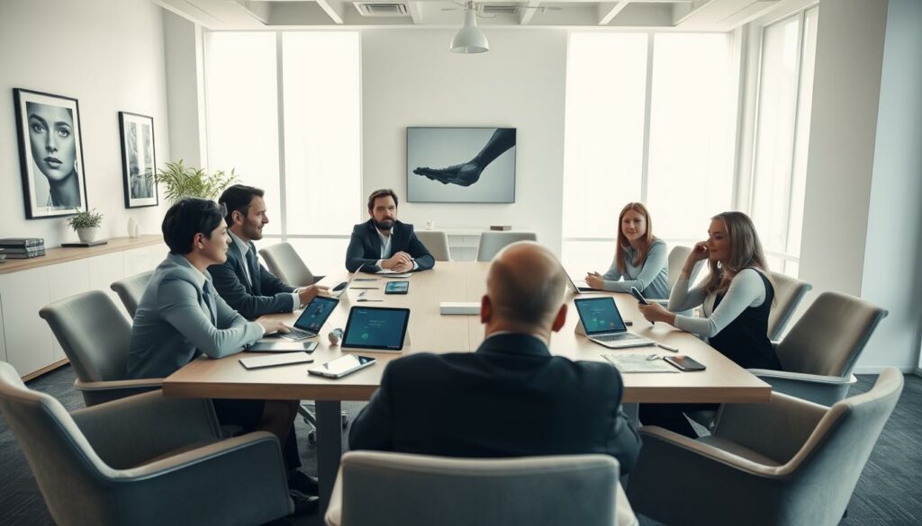 A well-lit and modern office setting with a large conference table surrounded by comfortable chairs. On the table, several smartphones and tablets are arranged, showcasing various messaging app interfaces. The room has large windows, allowing natural light to flood the space, creating a bright and airy atmosphere. The walls are adorned with minimalist art pieces and sleek, contemporary decor, highlighting a professional yet innovative environment. In the foreground, a team of business professionals is engaged in a lively discussion, their expressions indicating an animated conversation about the alternatives to WhatsApp's group control features.