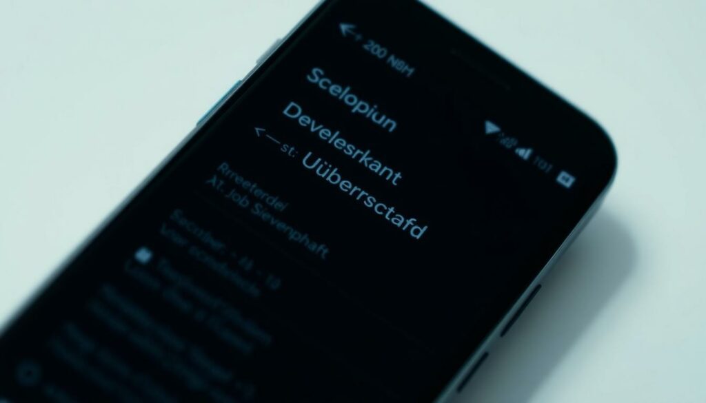 A well-lit, close-up shot of a smartphone screen displaying the "Developer options" menu, with the "Überschrift" section clearly visible. The screen is positioned at a slight angle, creating a sense of depth and interactivity. The background is blurred, keeping the focus on the phone display and its settings. The overall mood is one of technical exploration and problem-solving, with a clean, minimalist aesthetic.