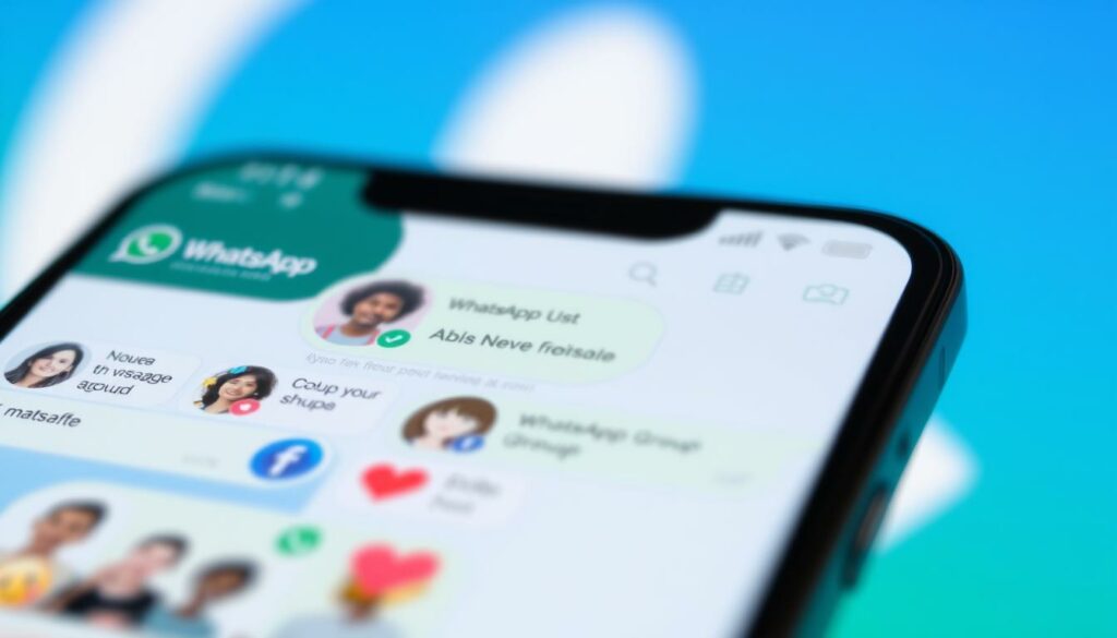 A well-lit, close-up view of a WhatsApp group chat interface on a modern smartphone screen. The foreground shows a series of chat bubbles with various emojis, images, and short text messages exchanged between a diverse group of participants. The background features a blurred, abstract pattern or gradient in shades of blue and green, suggestive of the WhatsApp brand colors. The overall composition conveys a sense of lively, dynamic conversation and collaboration within a digital group setting.