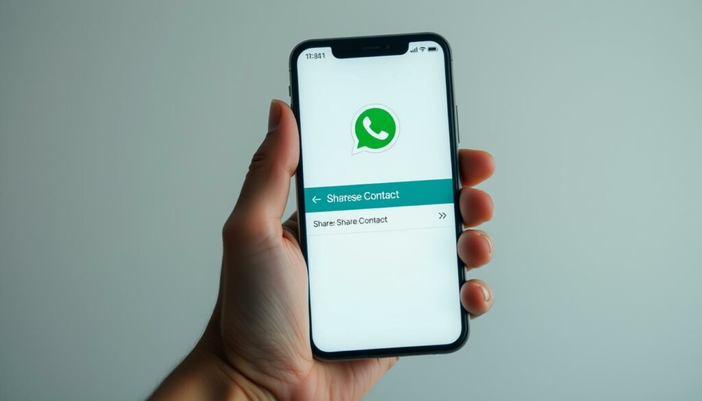 A well-lit, close-up view of a person's hand holding a smartphone, the screen displaying the WhatsApp share menu with the "Share Contact" option prominently featured. The hand and phone are placed against a clean, minimalist background, with a soft, natural lighting that accentuates the textures and details of the skin and device. The composition emphasizes the intuitive, user-friendly experience of sharing a personal contact through the popular messaging app, conveying a sense of simplicity and efficiency.