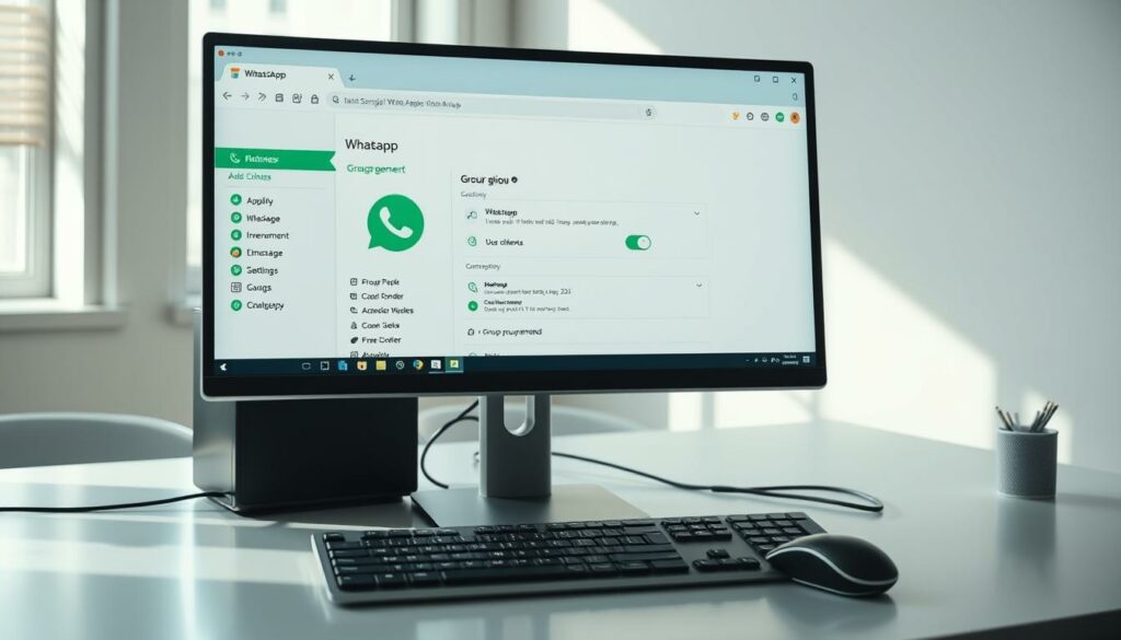 A well-lit desktop scene showcasing the WhatsApp web application. On the screen, the group management interface is displayed, with options to add, remove, and manage group members and settings. The interface has a clean, intuitive design, with clear icons and labels. The computer setup includes a modern monitor, keyboard, and mouse, set against a minimalist office backdrop with hints of natural lighting filtering in through a window. The overall atmosphere conveys a sense of productivity and organization, reflecting the task of administering a WhatsApp group from a personal computer.