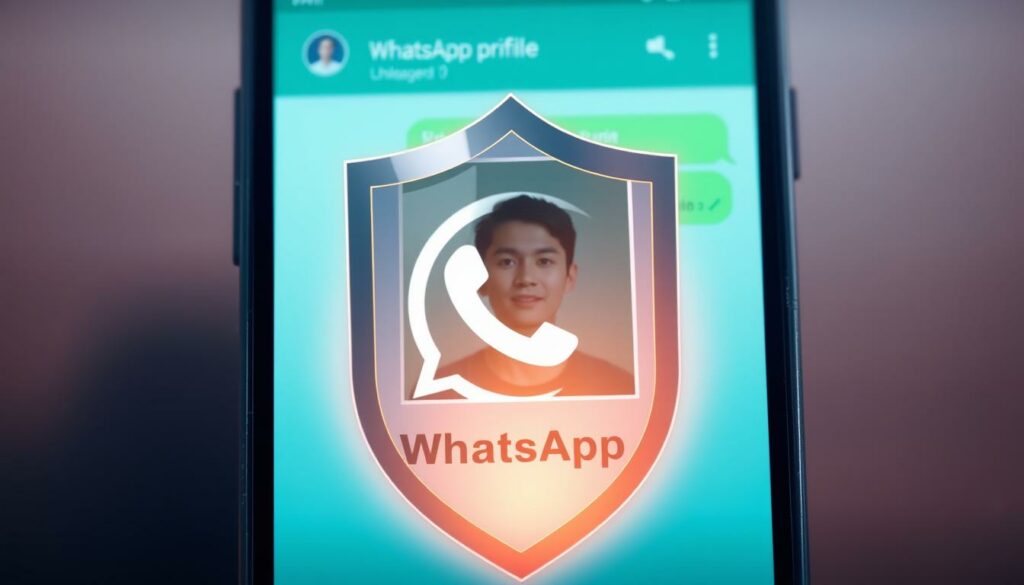 A well-lit, high-resolution digital illustration depicting a person's WhatsApp profile picture on a smartphone screen, with a protective shield or barrier surrounding it. The profile picture is shown in the foreground, with the shield or barrier in the middle ground, and a soft, blurred background of a chat interface or messaging app. The shield or barrier should appear semi-transparent, providing a sense of security and protection for the profile picture. The overall mood should convey a sense of preventive measures and safeguarding one's online presence.