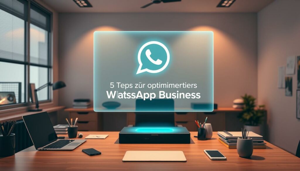 A well-lit, modern office interior with a desk, laptop, smartphone, and various office supplies. In the center, a holographic interface displays the WhatsApp Business logo and the section title "5 Tipps zur Optimierung Ihres WhatsApp Business Accounts" in a clean, elegant font. The interface hovers above the desk, surrounded by a soft, blue-tinted glow, creating a futuristic, tech-savvy atmosphere. The room is bathed in warm, directional lighting, casting subtle shadows and highlights that emphasize the sleek, professional design elements. The overall scene conveys a sense of productivity, organization, and the efficient management of a WhatsApp Business account.