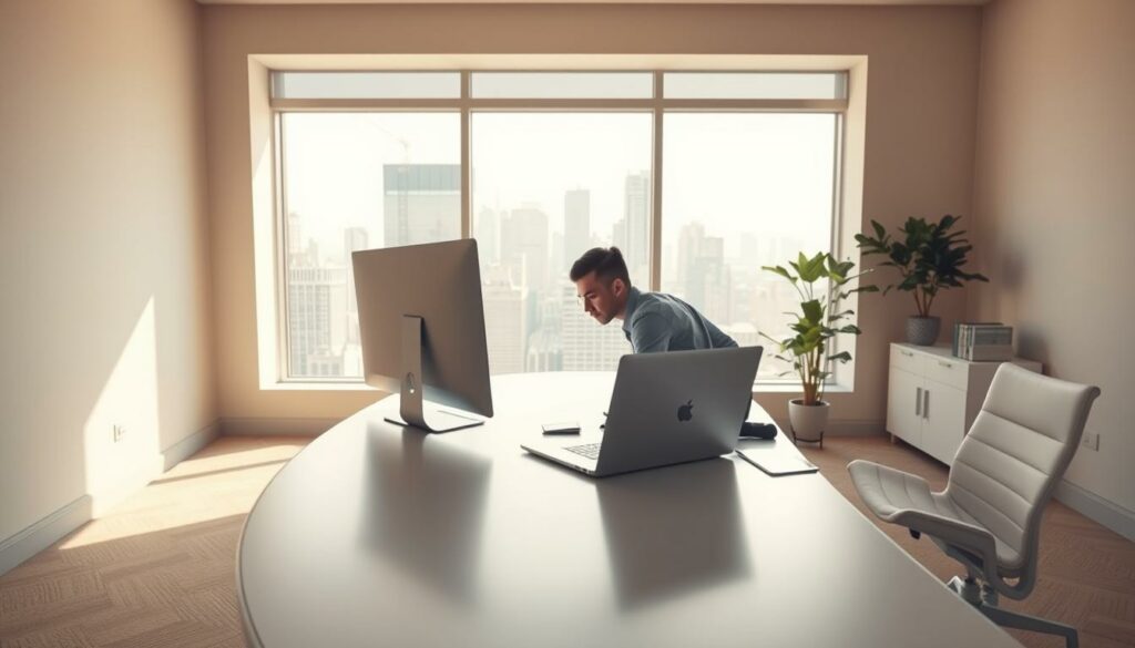 A well-lit, modern office setting with a large, curved desk and a sleek, minimalist computer setup. In the foreground, a person is leaning forward, intently focused on a video call on their laptop screen. The lighting is soft and diffused, creating a warm, professional atmosphere. The background features clean, neutral-toned walls and a large window providing a view of a bustling city skyline. The overall scene conveys a sense of efficiency, productivity, and optimization for seamless video communication.