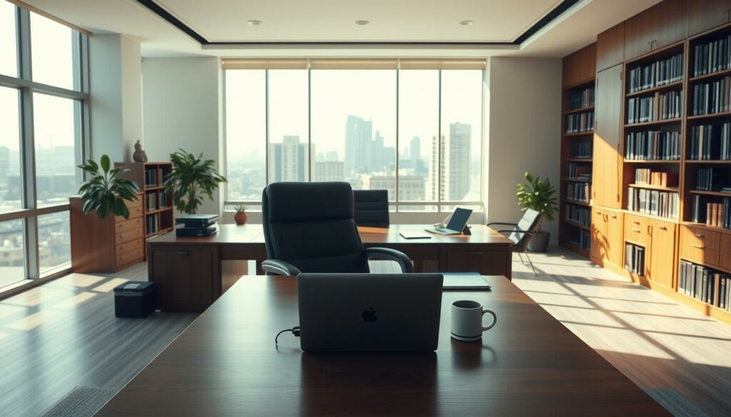 A well-organized administrative office interior with a large wooden desk and executive chair in the foreground. On the desk, a laptop, a few files, and a mug of coffee. In the middle ground, bookshelves line the walls, filled with neatly arranged volumes. The background features large windows overlooking a cityscape, allowing natural light to flood the space. The scene conveys a sense of professionalism and authority, ideal for illustrating the management of group permissions and settings.