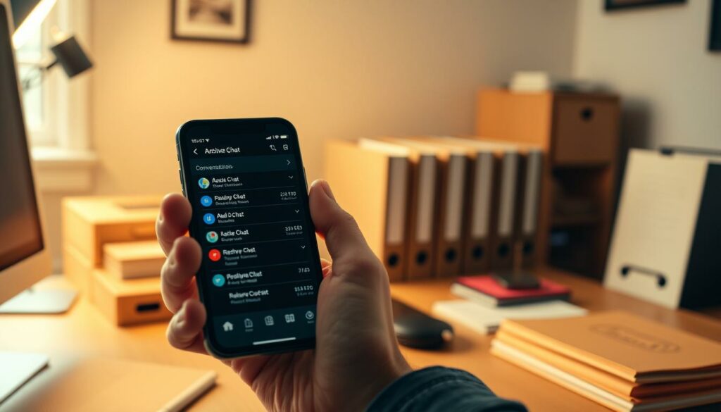 A well-organized office workspace with a desktop computer, neatly arranged documents, and a smartphone displaying a chat history. The scene is bathed in warm, diffused lighting, creating a calm and focused atmosphere. The foreground features a hand carefully managing archived chat conversations on the smartphone screen, while the middle ground showcases a tidy filing system and office supplies. The background subtly hints at the broader context of the article's subject, with a bookshelf or wall decoration that complements the professional setting. The overall composition conveys a sense of control, organization, and the successful restoration of archived chat data.