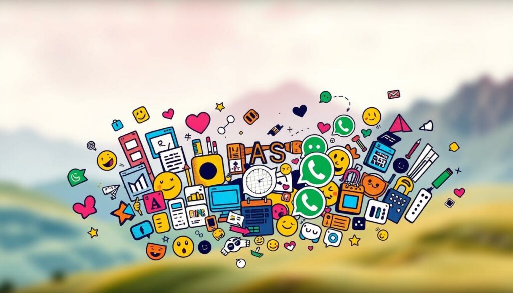A whimsical and vibrant WhatsApp profile picture showcasing a dynamic collage of creative elements. In the foreground, a playful arrangement of colorful digital icons, emojis, and messaging app UI components. In the middle ground, a lively mix of hand-drawn doodles, abstract shapes, and textured brushstrokes. The background features a blurred, gradient-based landscape with soft, pastel hues, evoking a sense of digital warmth and imagination. Lighting is soft and diffused, with a slight vignette effect to draw the viewer's eye toward the central collage. The overall mood is playful, expressive, and visually engaging, perfectly capturing the spirit of a personalized WhatsApp profile picture.