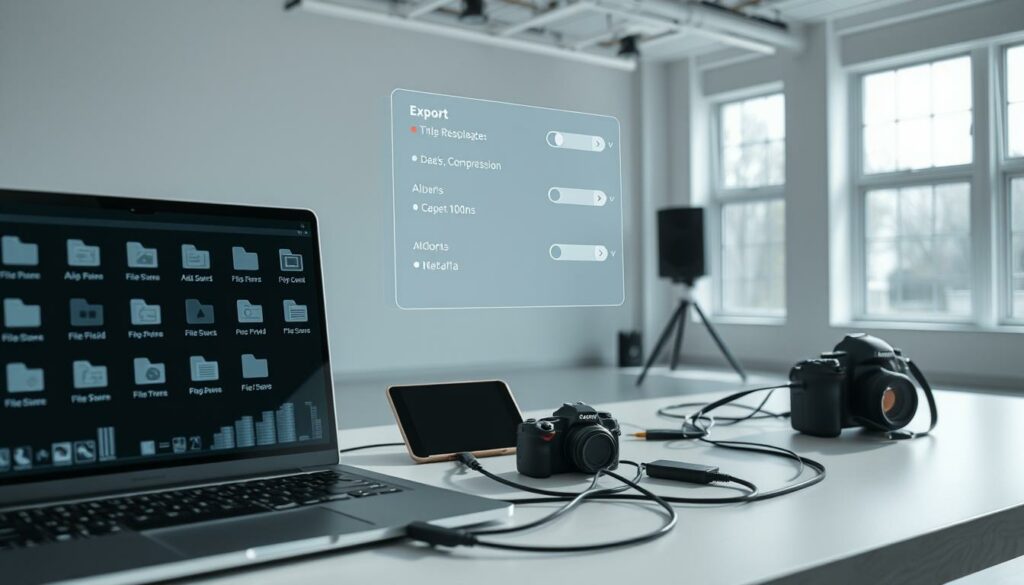 A wide, well-lit studio scene showing the process of exporting digital media files. In the foreground, a laptop screen displays various file types and formats. Hovering above it, a transparent holographic interface showcases the export options, with adjustable settings for resolution, compression, and metadata. In the middle ground, a sleek, minimal desk holds a range of devices - a smartphone, a tablet, and a DSLR camera - connected via cables, suggesting the transfer of media content. The background features large windows, allowing natural light to flood the space, creating a sense of openness and professionalism. The overall atmosphere is one of efficiency, technology, and the seamless integration of diverse digital media.
