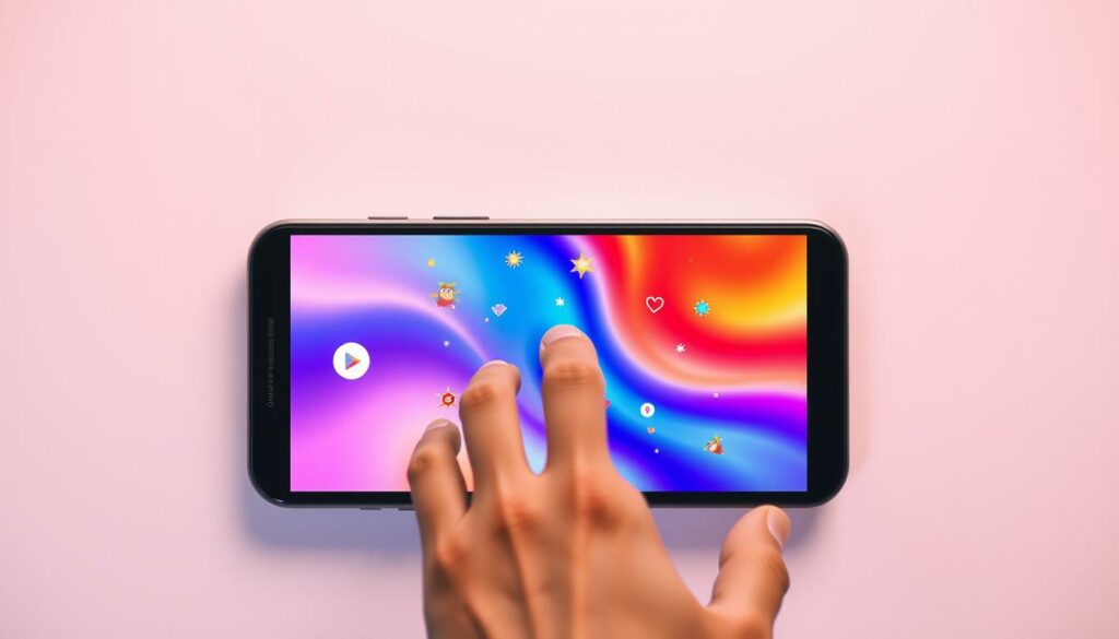 An animated app interface against a minimalist background, featuring vibrant colors and fluid motion. A hand gently taps on the screen, interacting with GIF-like visual elements that pop and dance across the display. The lighting is soft and diffused, creating a calming, approachable atmosphere. The camera angle is slightly elevated, providing an immersive, user-centric perspective. The overall composition conveys the ease and creativity of crafting custom GIFs on mobile devices, both Android and iOS.